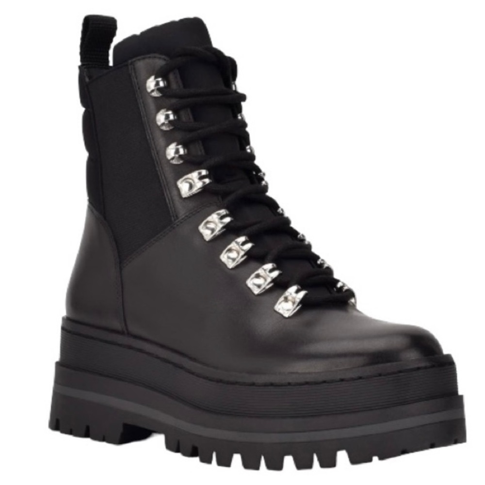 MARC FISHER LTD Plune Lace-Up Lug Sole Heel Leather Boot, Black Leather, Size 8M